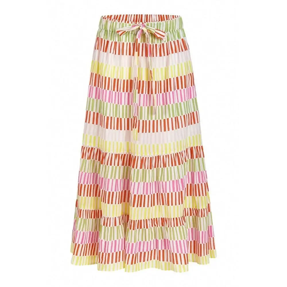 Striped Sleeveless A-Line Midi Skirt Dress in Pink, Green & Yellow